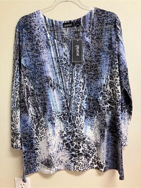 Blue Animal-Print Long Sleeve V-Neck Top